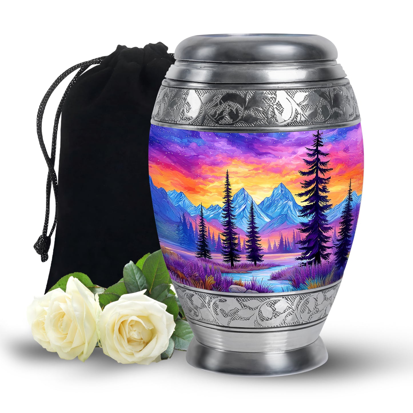 Serene Blue Beach Cremation Urn back view with polished surface - royal beach engraving with decorative scrollwork - full-size 10 inch 200 cubic inch adult cremation urn