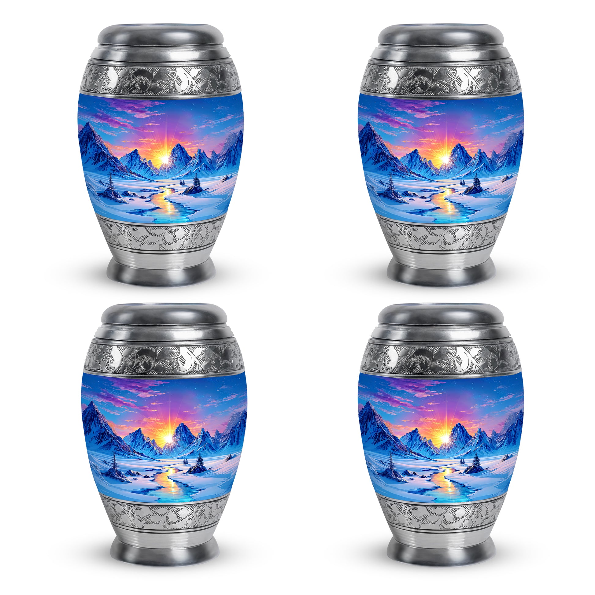 Royal Blue Beach Cremation Urn urn with complimentary velvet bag - majestic beach pattern with filigree border - 10 inch aluminum urn for cremated remains