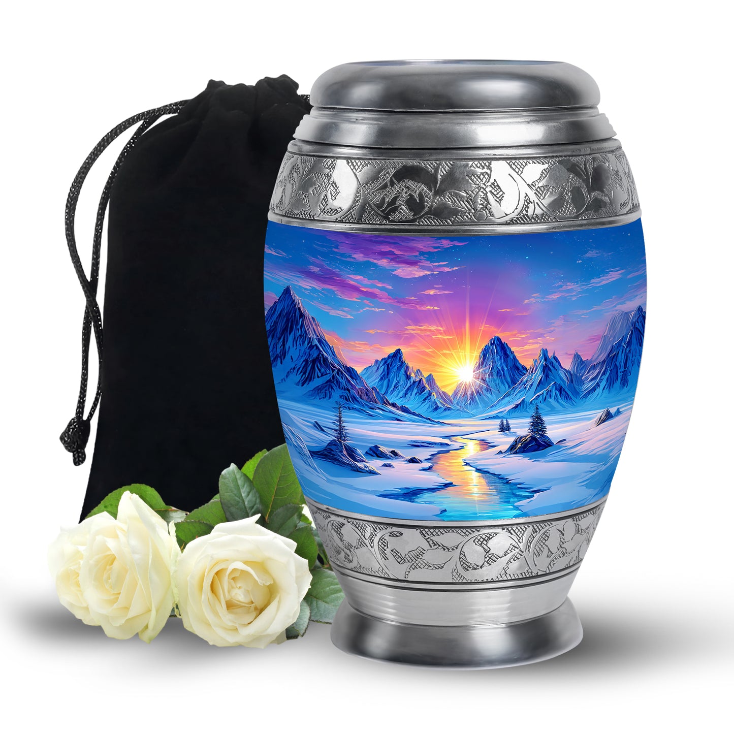 Steel Blue Beach Cremation Urn back view with polished surface - royal beach engraving with decorative scrollwork - full-size 10 inch 200 cubic inch adult cremation urn