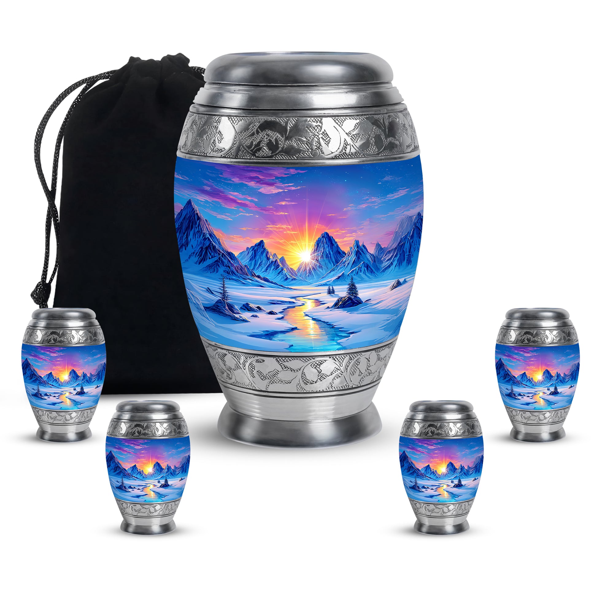 Cornflower Blue Beach Cremation Urn detail view - majestic beach pattern with filigree border - memorial set with one large and four small urns