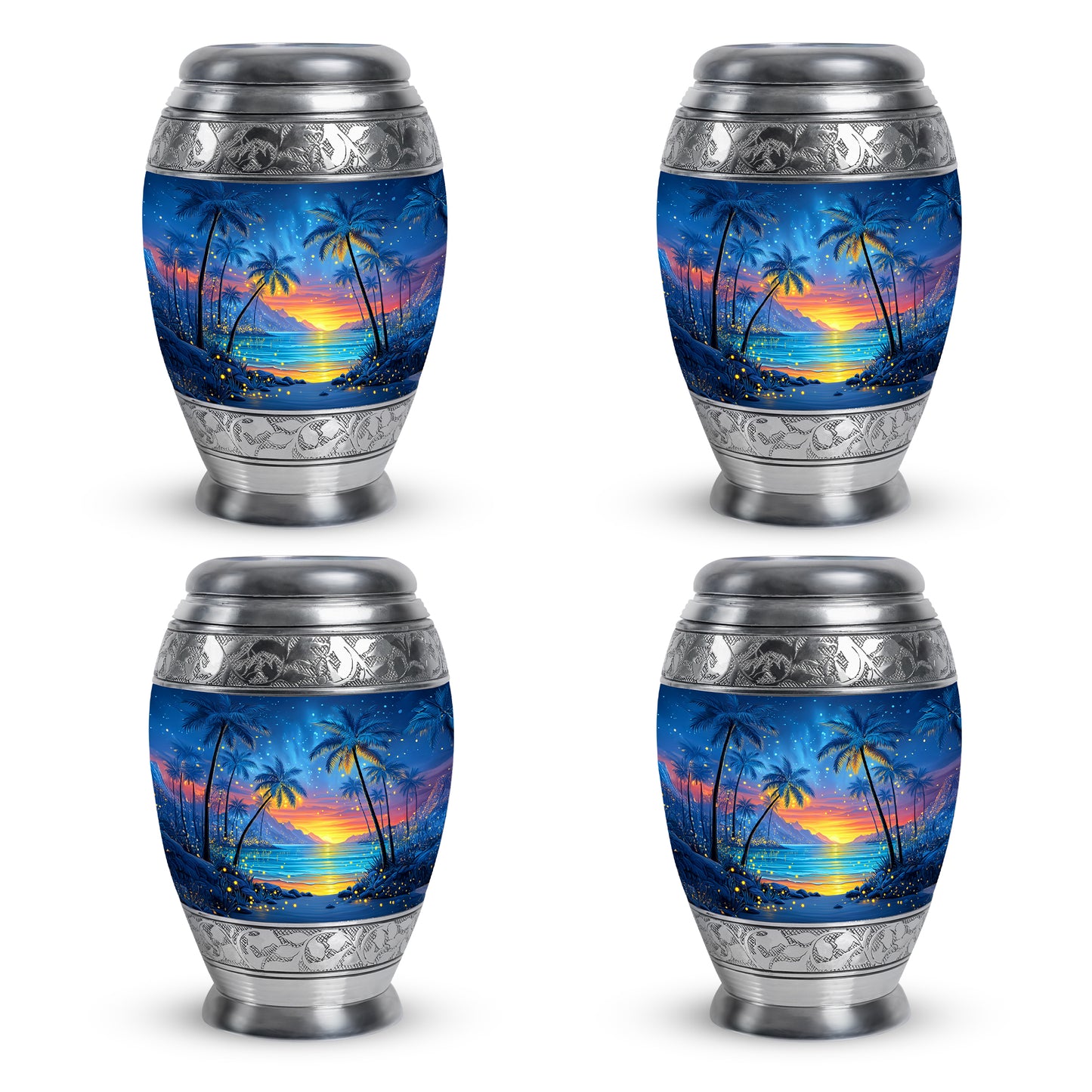 Royal Blue Beach Cremation Urn urn with complimentary velvet bag - royal beach engraving with decorative scrollwork - 10 inch aluminum urn for cremated remains