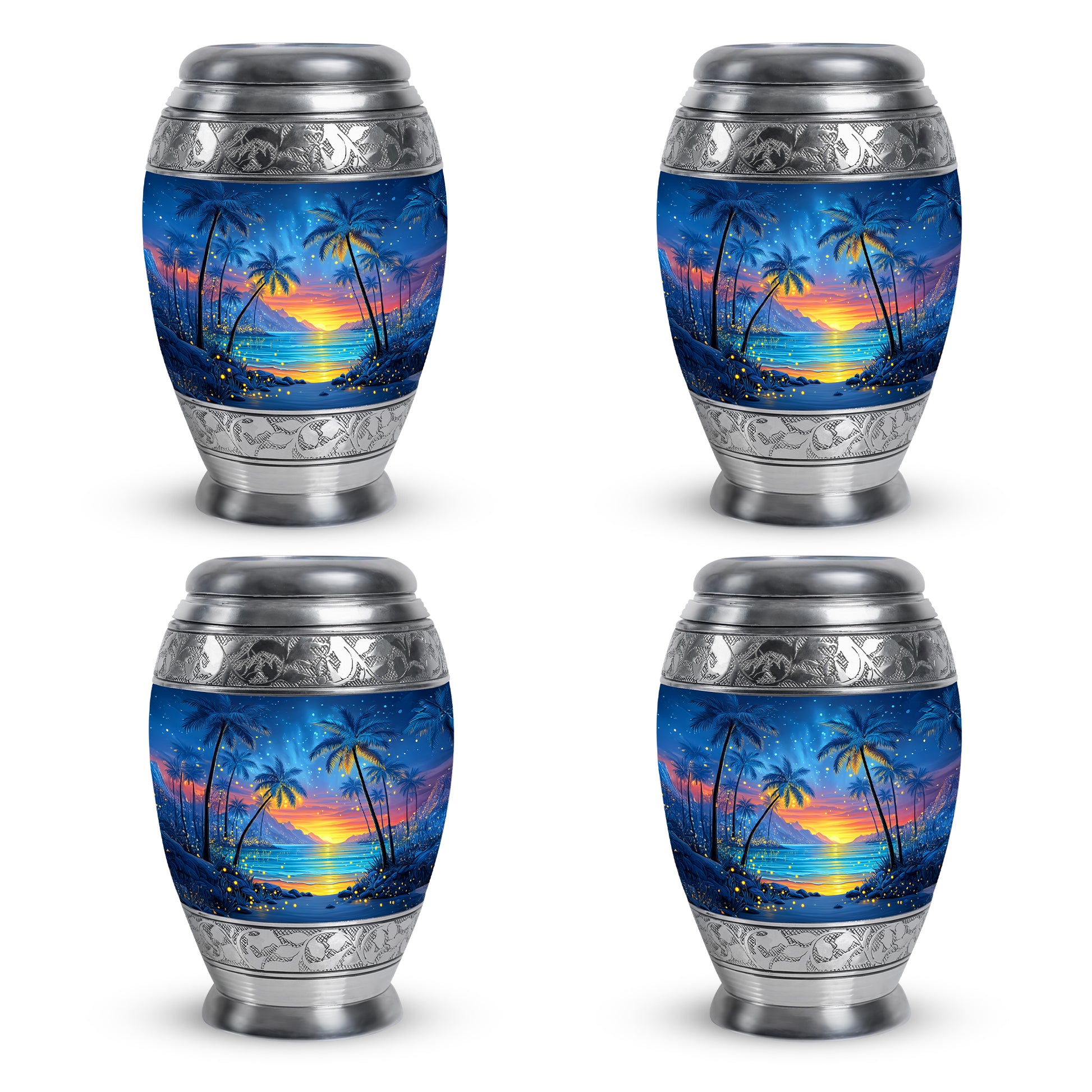 Royal Blue Beach Cremation Urn urn with complimentary velvet bag - royal beach engraving with decorative scrollwork - 10 inch aluminum urn for cremated remains