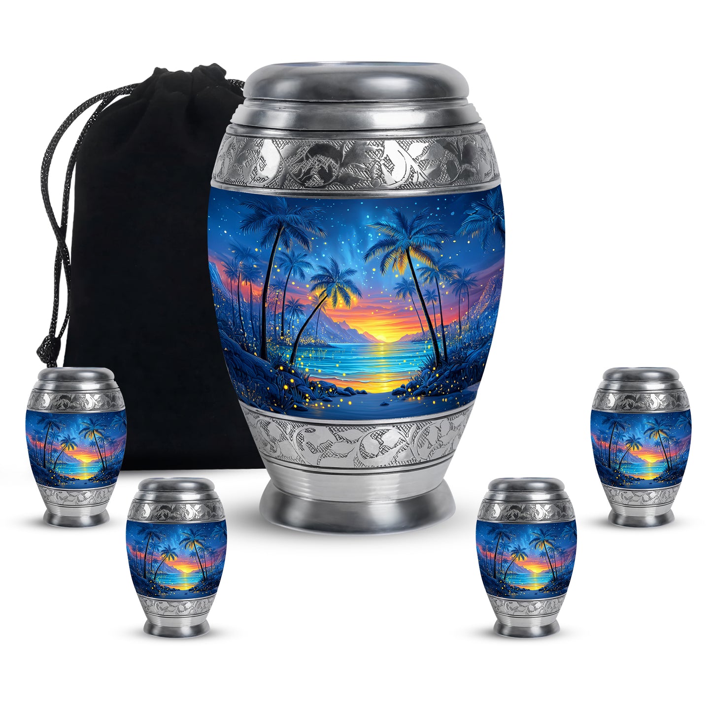 Calming Blue Beach Cremation Urn detail view - majestic beach pattern with filigree border - memorial set with one large and four small urns