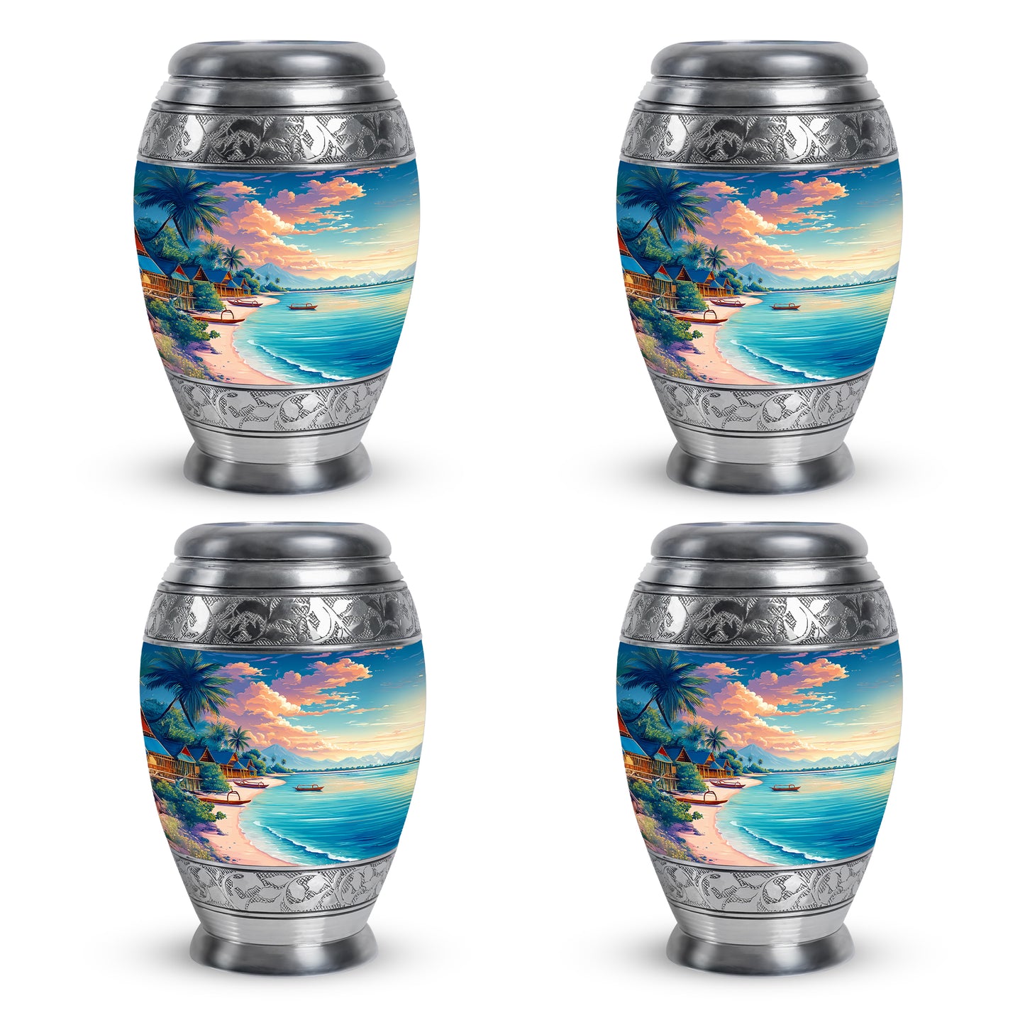 Royal Blue Beach Cremation Urn urn with complimentary velvet bag - royal beach engraving with decorative scrollwork - 10 inch aluminum urn for cremated remains