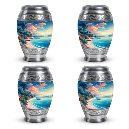 Royal Blue Beach Cremation Urn urn with complimentary velvet bag - royal beach engraving with decorative scrollwork - 10 inch aluminum urn for cremated remains