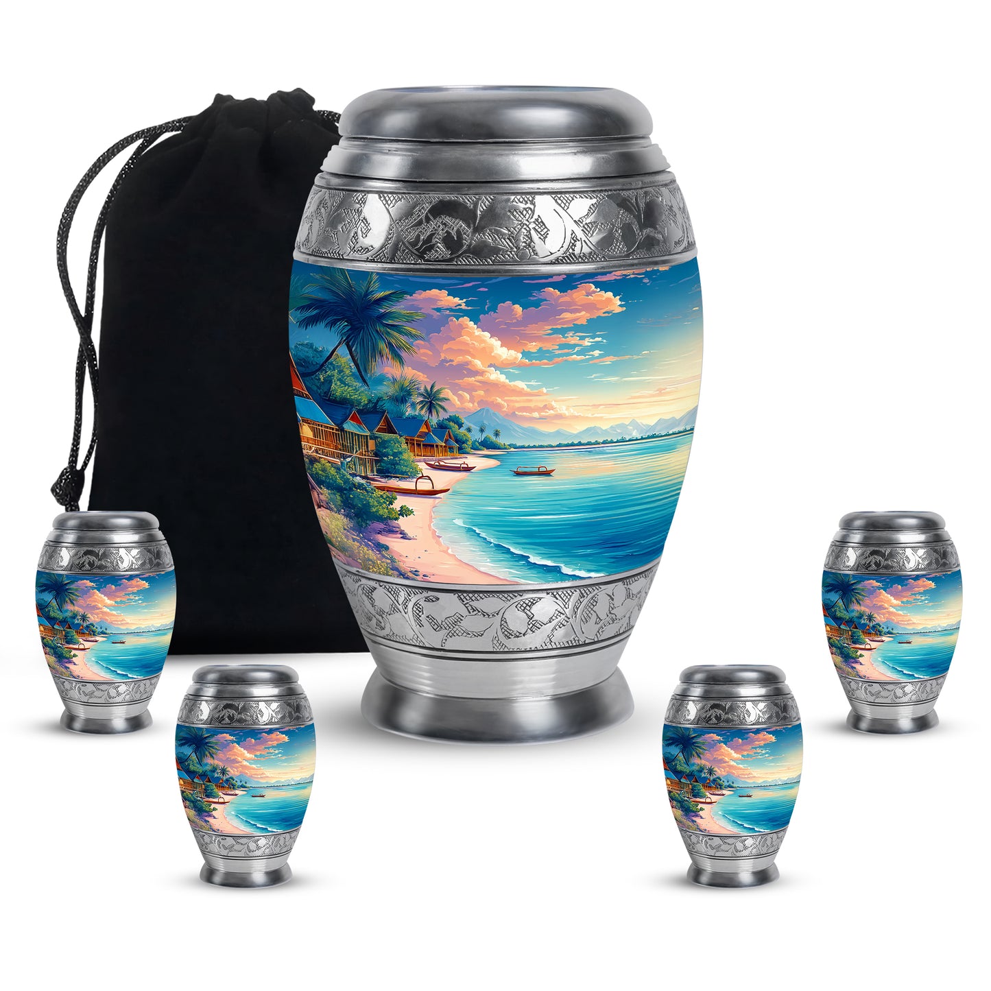 Azure Beach Cremation Urn detail view - ornate monarch-style beach relief on brushed aluminum - memorial set with one large and four small urns