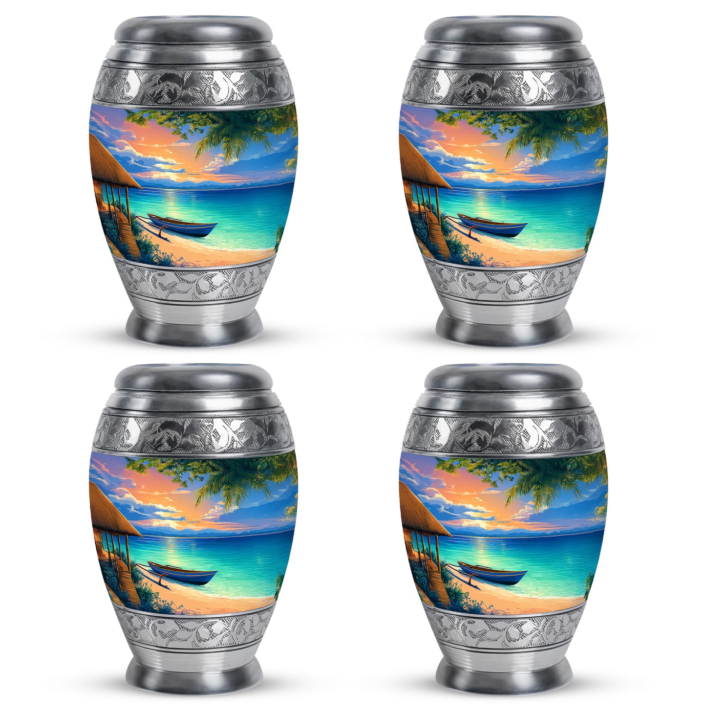 Powder Blue Beach Cremation Urn urn with complimentary velvet bag - ornate monarch-style beach relief on brushed aluminum - 10 inch aluminum urn for cremated remains