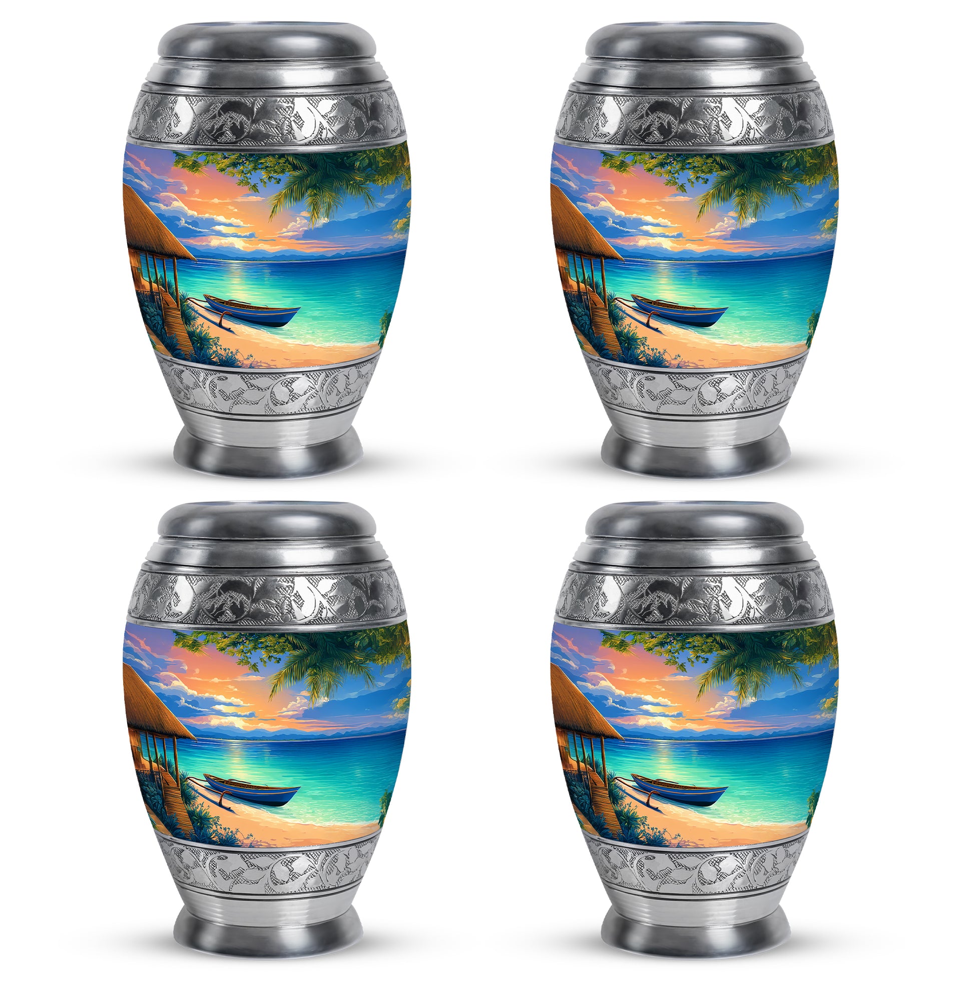 Powder Blue Beach Cremation Urn urn with complimentary velvet bag - ornate monarch-style beach relief on brushed aluminum - 10 inch aluminum urn for cremated remains