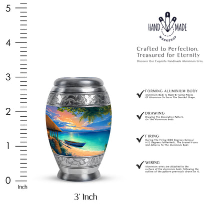 Sapphire Blue Beach Cremation Urn lifestyle display on memorial shelf - majestic beach pattern with filigree border - mini keepsake memorial for portion of cremation ashes