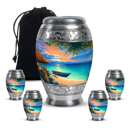 Pastel Blue Beach Cremation Urn detail view - regal beach design with crown-inspired accents - memorial set with one large and four small urns