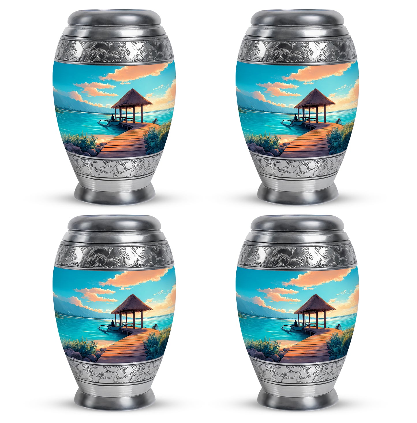 Tropical Teal Beach Cremation Urn urn with complimentary velvet bag - majestic beach pattern with filigree border - 10 inch aluminum urn for cremated remains