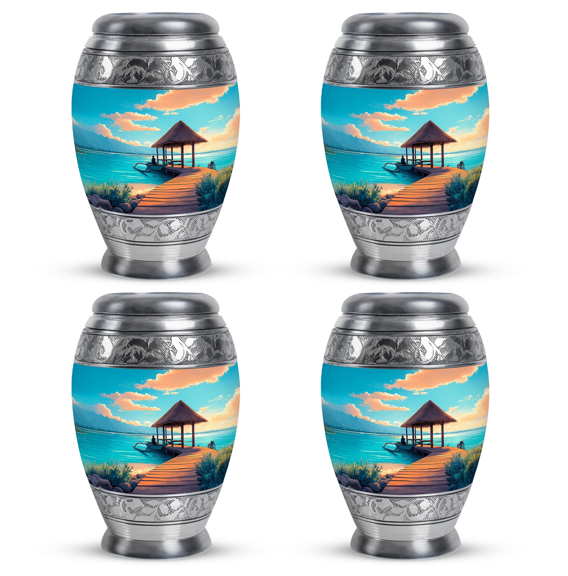 Tropical Teal Beach Cremation Urn urn with complimentary velvet bag - majestic beach pattern with filigree border - 10 inch aluminum urn for cremated remains