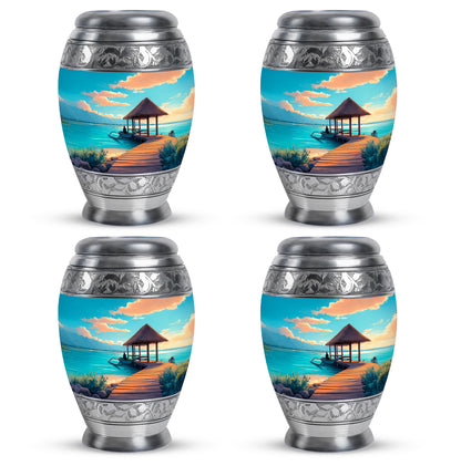 Tropical Teal Beach Cremation Urn urn with complimentary velvet bag - majestic beach pattern with filigree border - 10 inch aluminum urn for cremated remains