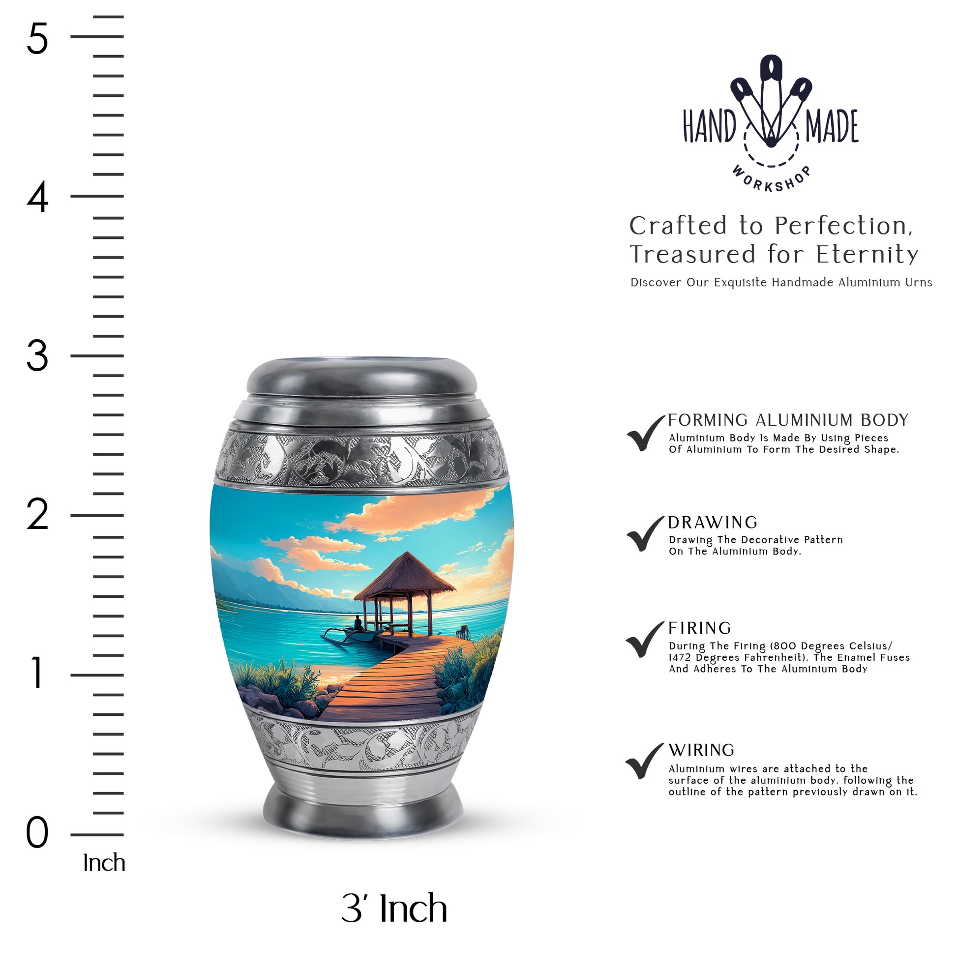 Aqua Teal Beach Cremation Urn lifestyle display on memorial shelf - royal beach engraving with decorative scrollwork - mini keepsake memorial for portion of cremation ashes