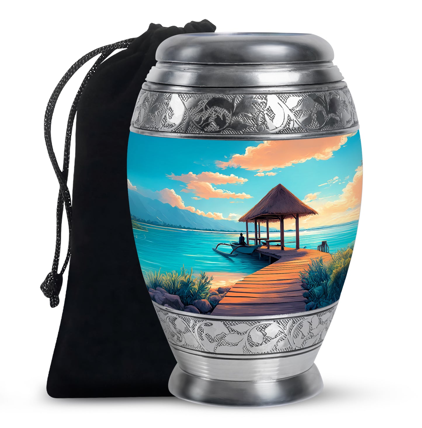 Tropical Teal Beach Cremation Urn back view with polished surface - majestic beach pattern with filigree border - full-size 10 inch 200 cubic inch adult cremation urn