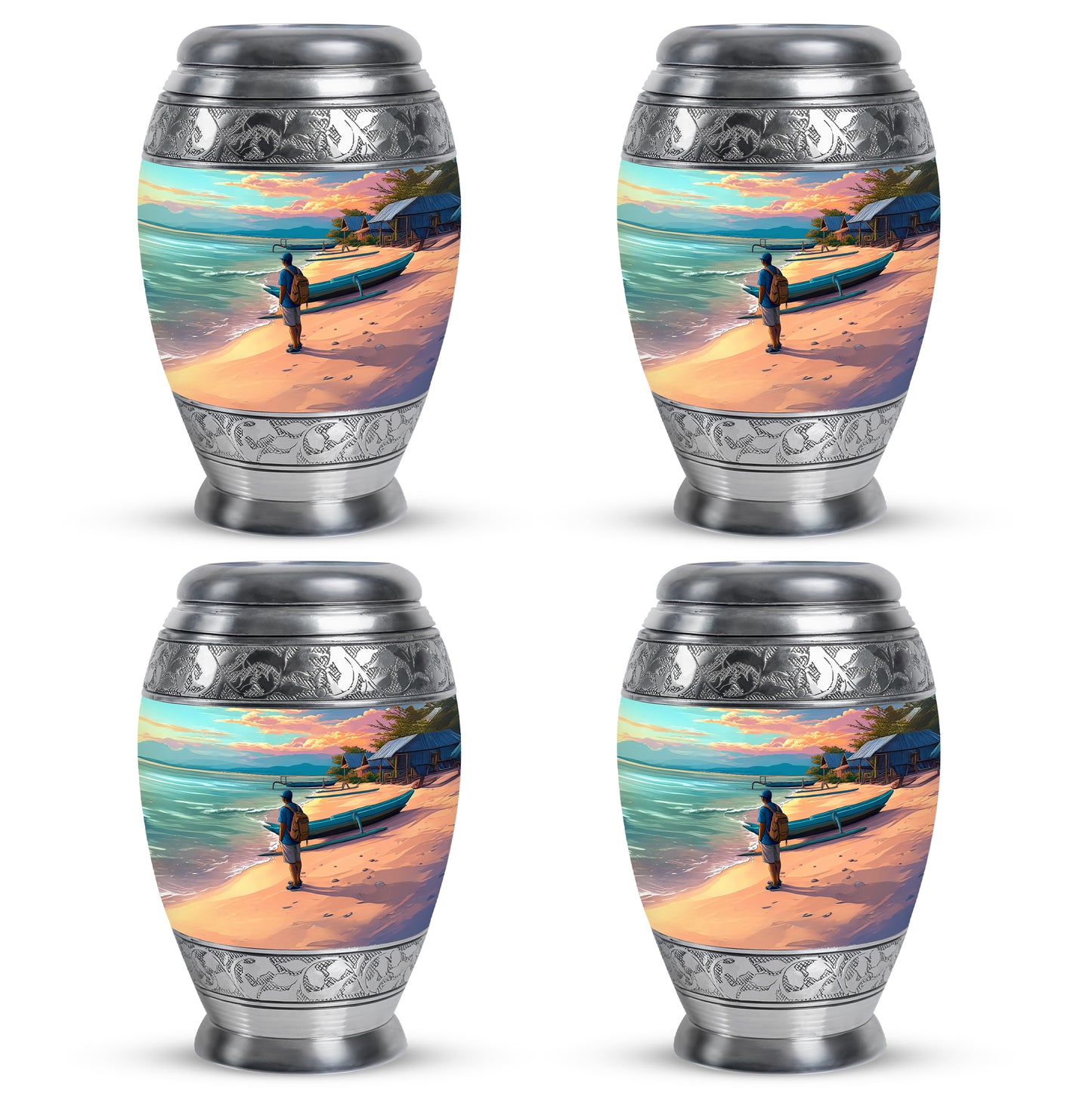 Vivid Teal Beach Cremation Urn urn with complimentary velvet bag - royal beach engraving with decorative scrollwork - 10 inch aluminum urn for cremated remains