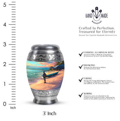 Jewel Teal Beach Cremation Urn lifestyle display on memorial shelf - regal beach design with crown-inspired accents - mini keepsake memorial for portion of cremation ashes