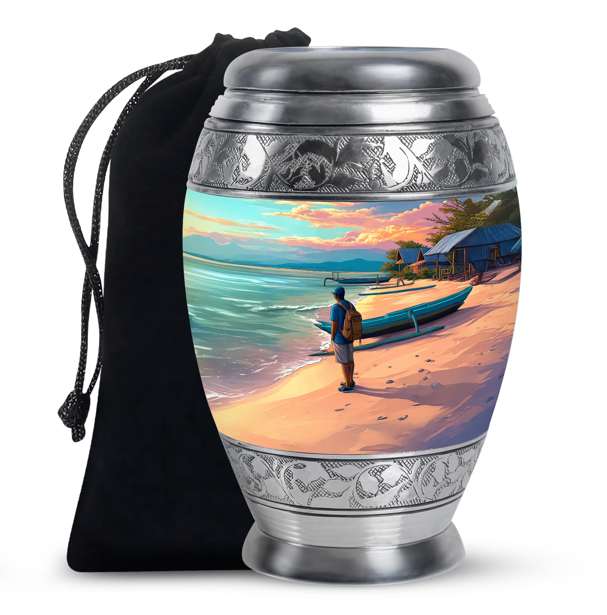 Soft Teal Beach Cremation Urn back view with polished surface - ornate monarch-style beach relief on brushed aluminum - full-size 10 inch 200 cubic inch adult cremation urn