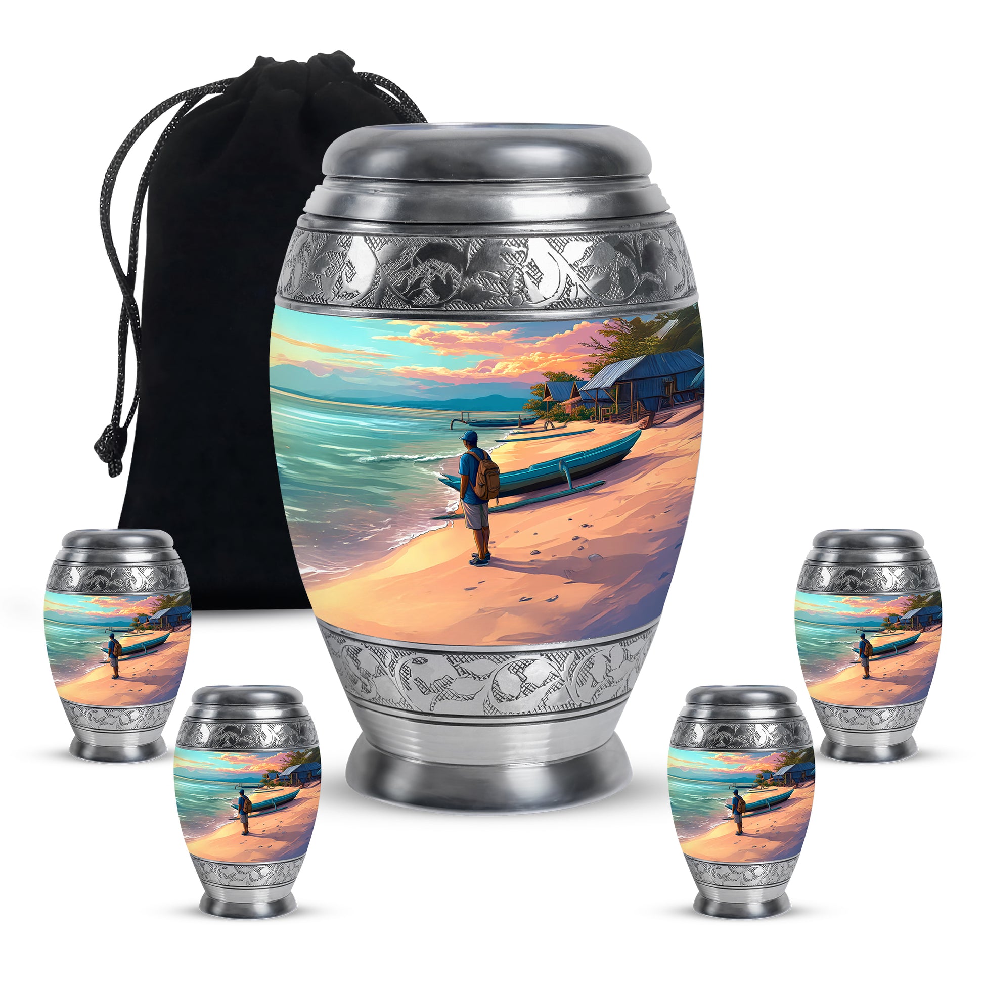 Jewel Teal Beach Cremation Urn detail view - ornate monarch-style beach relief on brushed aluminum - memorial set with one large and four small urns