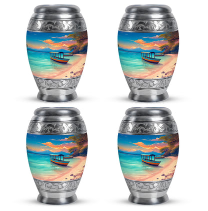Pastel Blue Beach Cremation Urn urn with complimentary velvet bag - regal beach design with crown-inspired accents - 10 inch aluminum urn for cremated remains