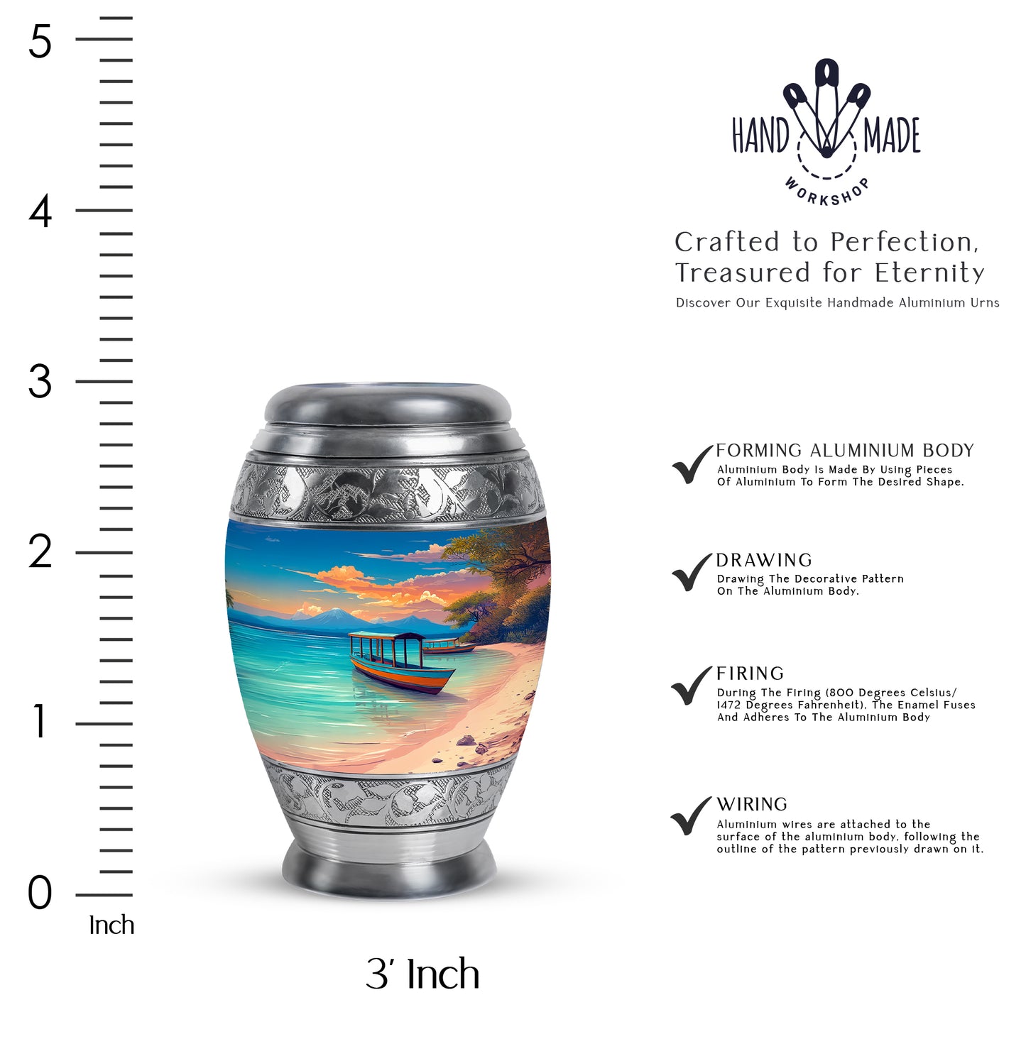 Pastel Blue Beach Cremation Urn lifestyle display on memorial shelf - ornate monarch-style beach relief on brushed aluminum - mini keepsake memorial for portion of cremation ashes