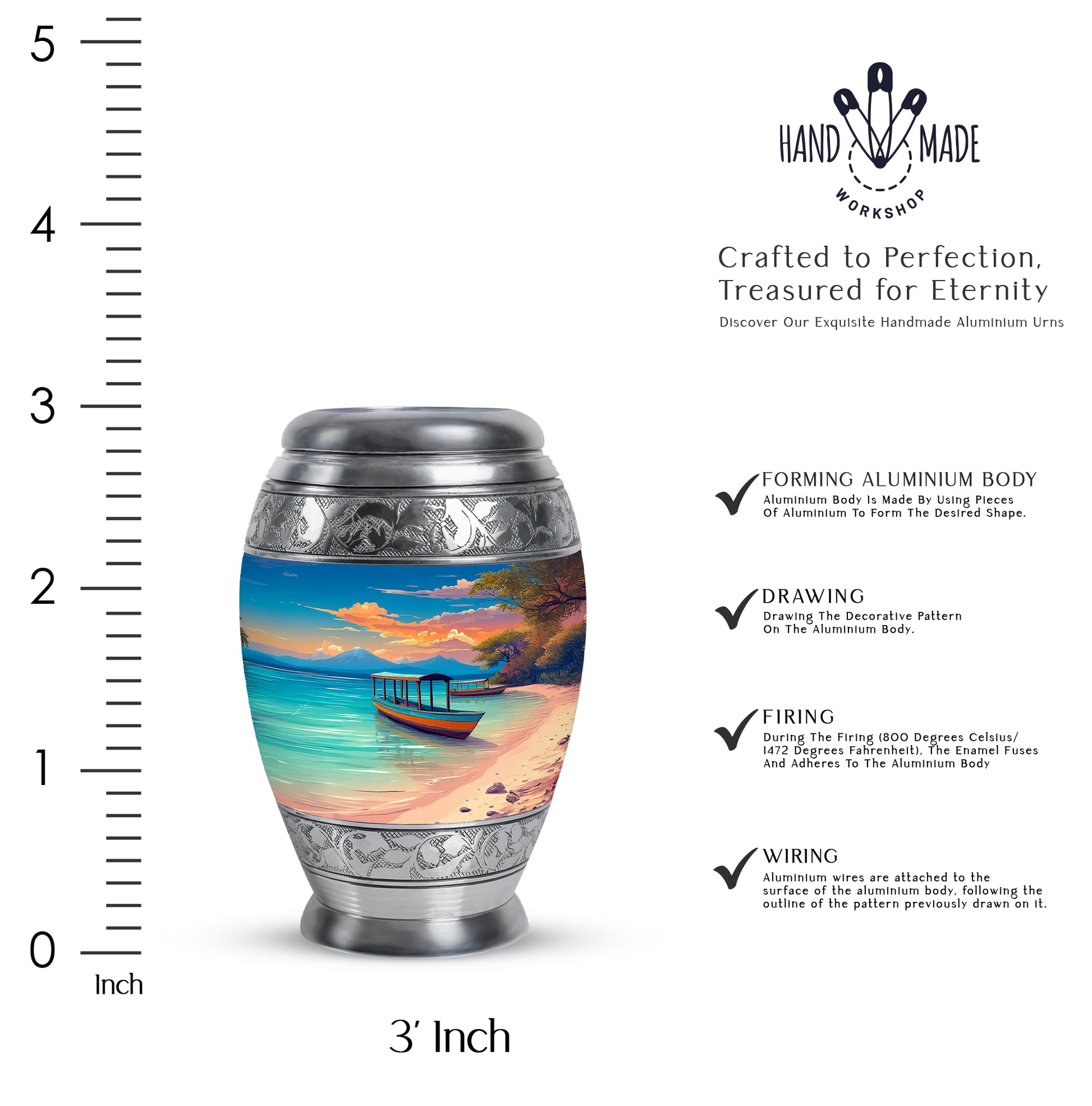 Pastel Blue Beach Cremation Urn lifestyle display on memorial shelf - ornate monarch-style beach relief on brushed aluminum - mini keepsake memorial for portion of cremation ashes