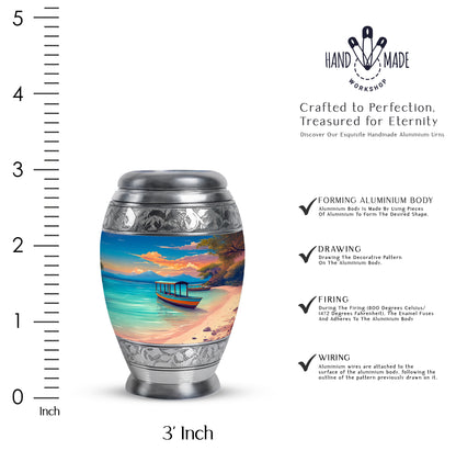 Pastel Blue Beach Cremation Urn lifestyle display on memorial shelf - ornate monarch-style beach relief on brushed aluminum - mini keepsake memorial for portion of cremation ashes