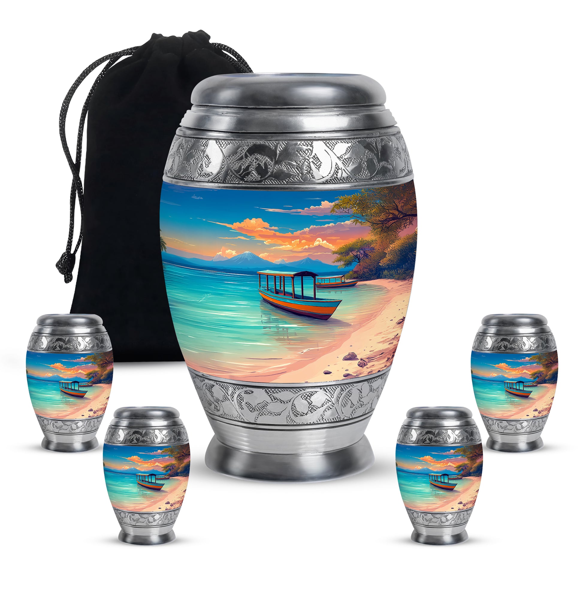 Sapphire Blue Beach Cremation Urn detail view - royal beach engraving with decorative scrollwork - memorial set with one large and four small urns