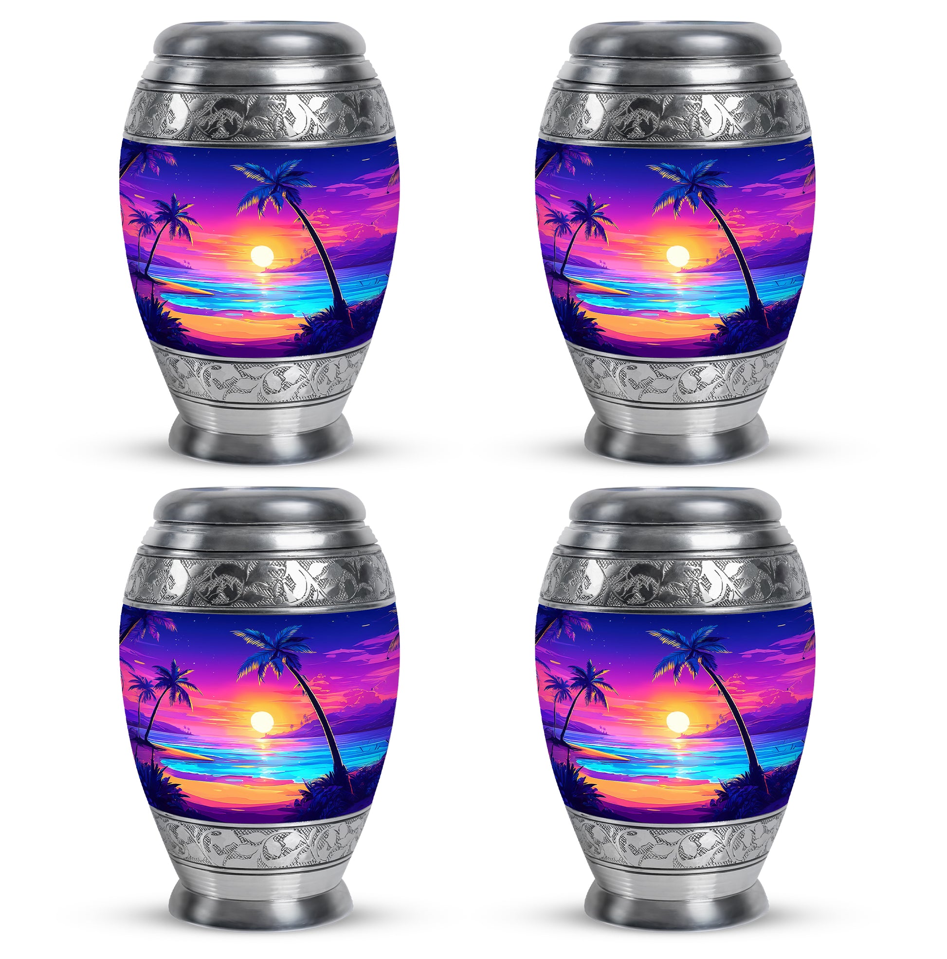 Navy Blue Beach Cremation Urn urn with complimentary velvet bag - ornate monarch-style beach relief on brushed aluminum - 10 inch aluminum urn for cremated remains