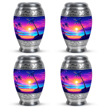 Navy Blue Beach Cremation Urn urn with complimentary velvet bag - ornate monarch-style beach relief on brushed aluminum - 10 inch aluminum urn for cremated remains
