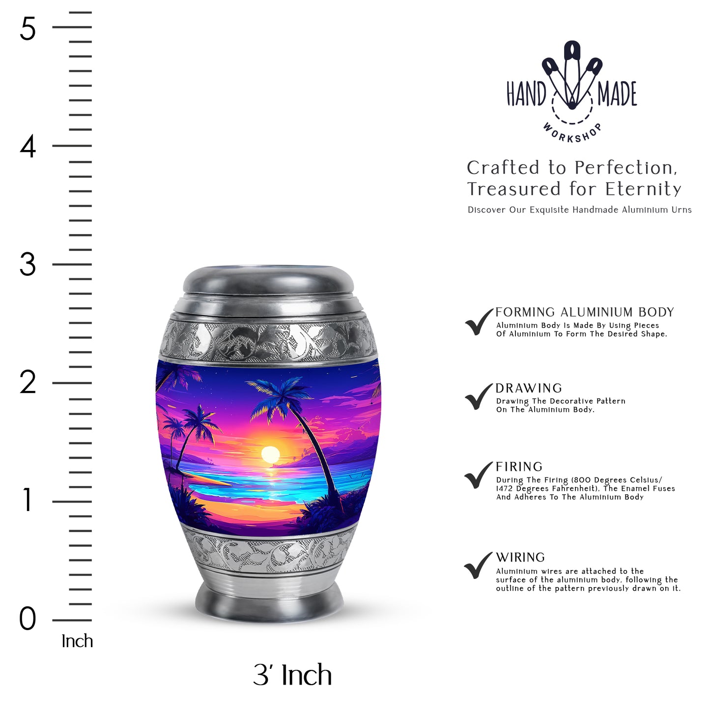 Sky Blue Beach Cremation Urn lifestyle display on memorial shelf - ornate monarch-style beach relief on brushed aluminum - mini keepsake memorial for portion of cremation ashes