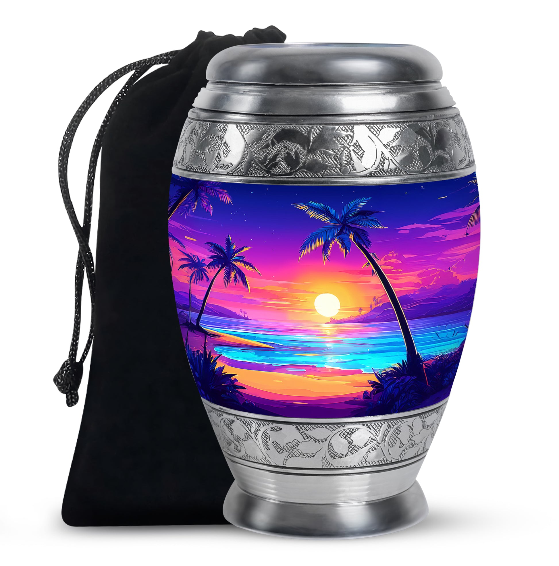 Celestial Blue Beach Cremation Urn back view with polished surface - regal beach design with crown-inspired accents - full-size 10 inch 200 cubic inch adult cremation urn