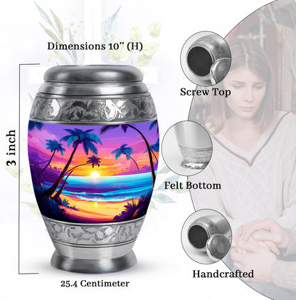 Majestic Purple Beach Cremation Urn lifestyle display on memorial shelf - regal beach design with crown-inspired accents - mini keepsake memorial for portion of cremation ashes
