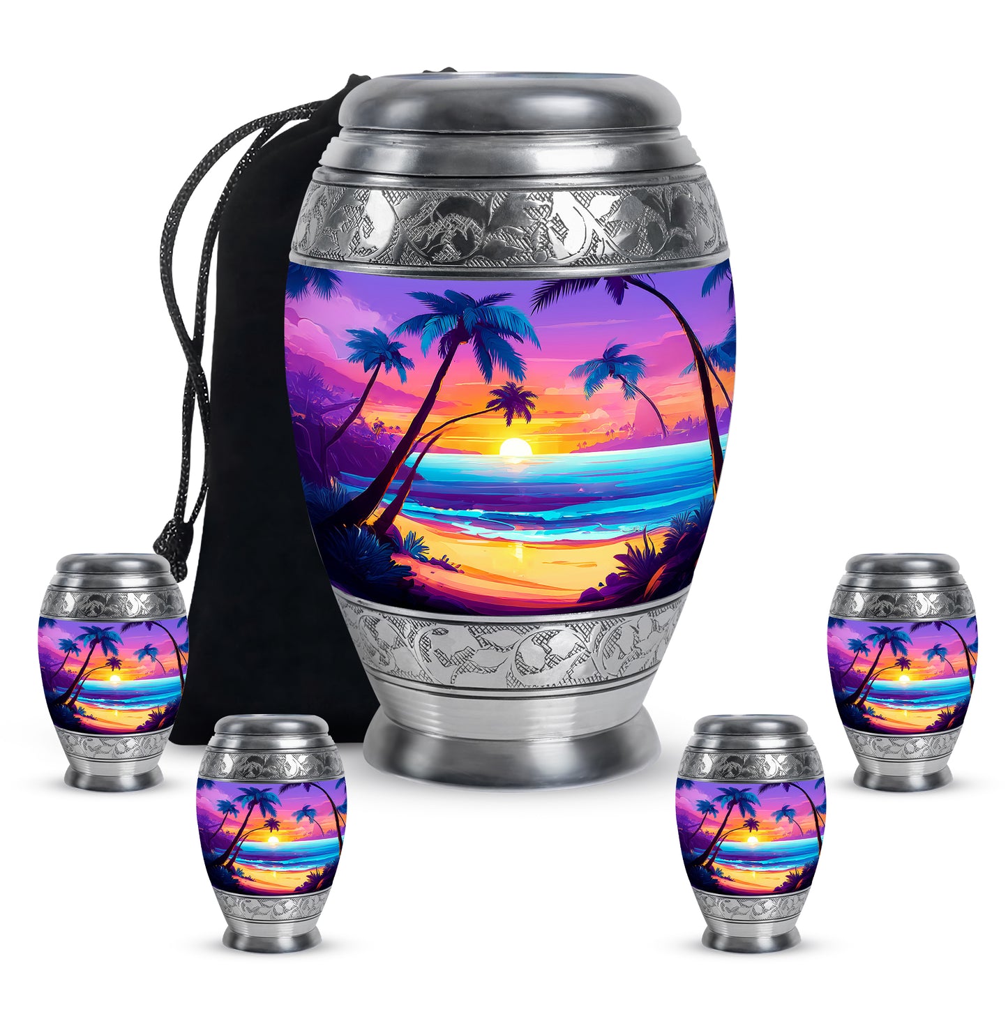 Lavender Purple Beach Cremation Urn detail view - majestic beach pattern with filigree border - memorial set with one large and four small urns