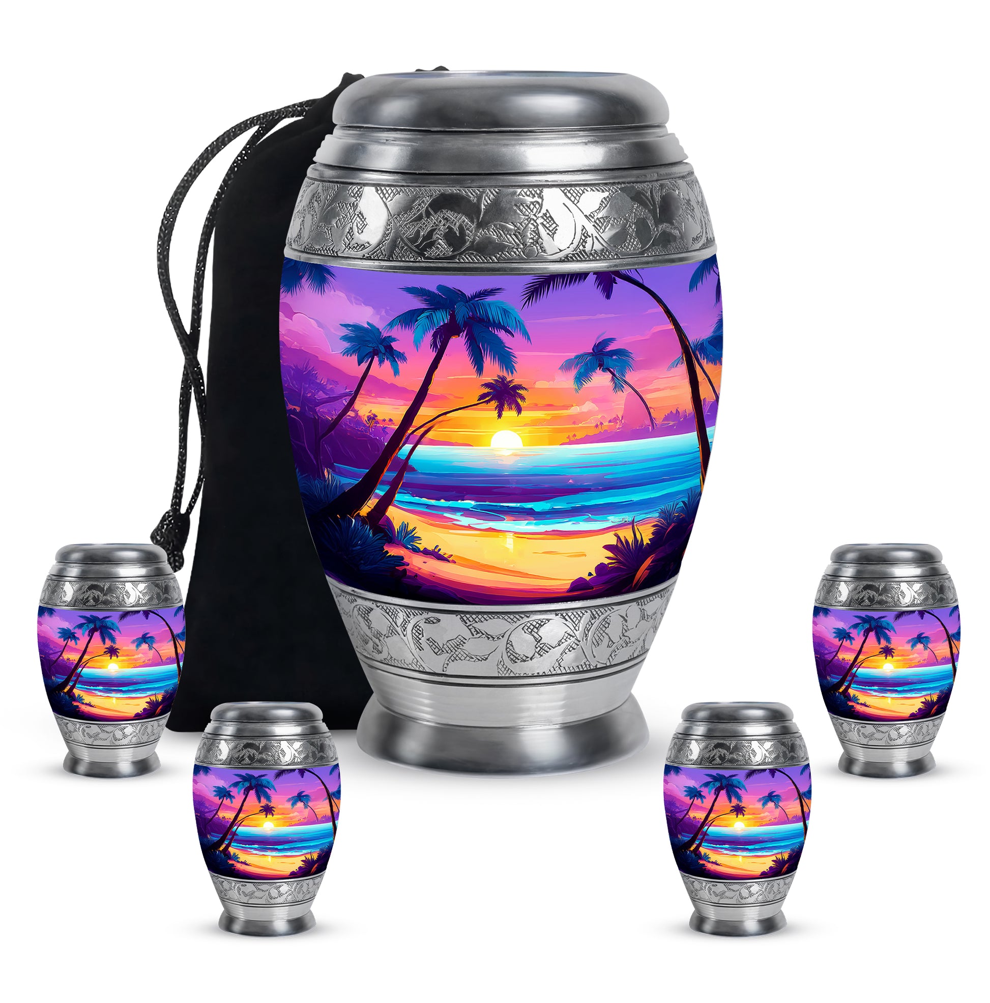 Lavender Purple Beach Cremation Urn detail view - majestic beach pattern with filigree border - memorial set with one large and four small urns