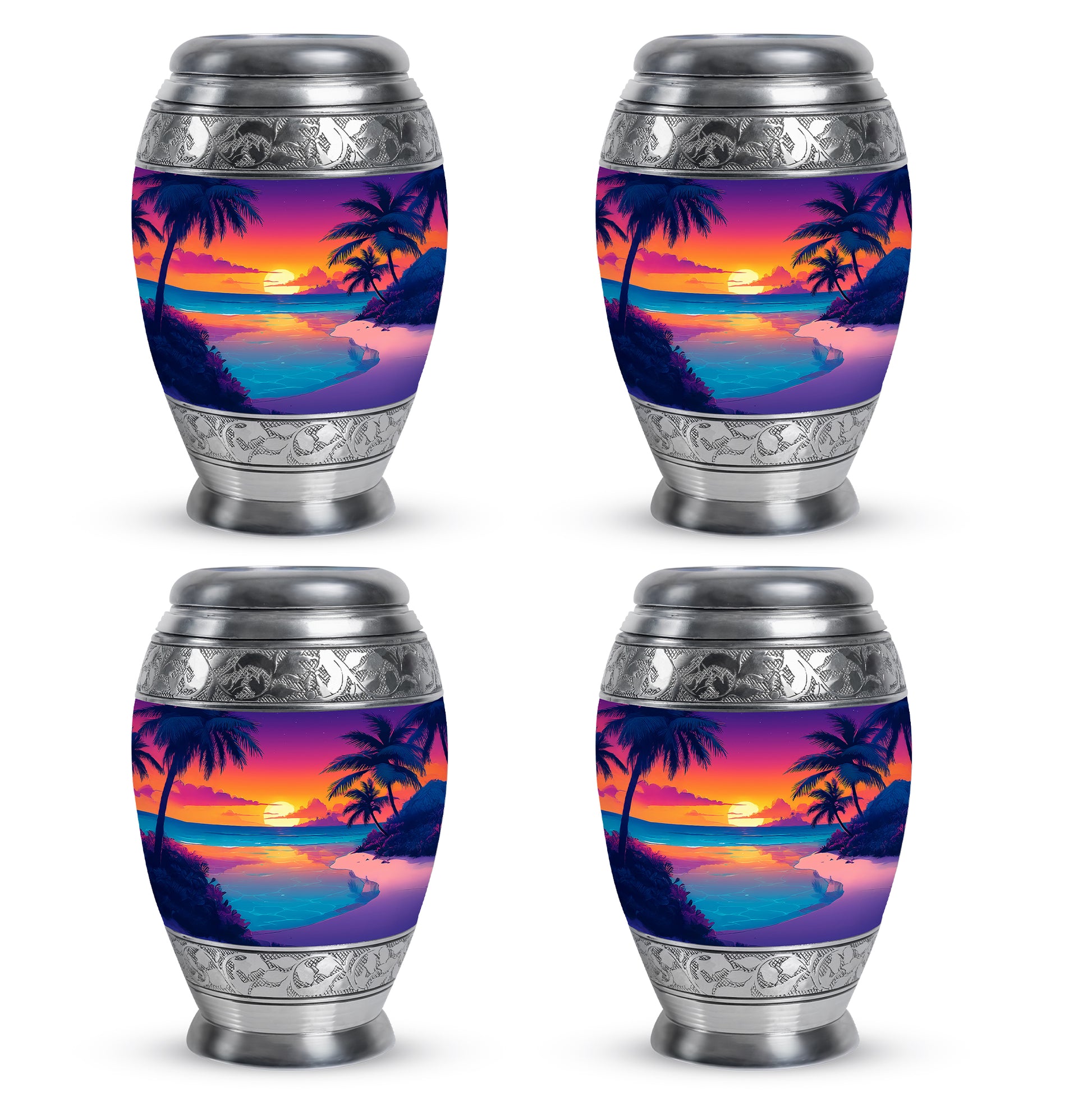 Lavender Purple Beach Cremation Urn urn with complimentary velvet bag - majestic beach pattern with filigree border - 10 inch aluminum urn for cremated remains