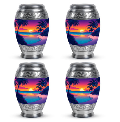 Lavender Purple Beach Cremation Urn urn with complimentary velvet bag - majestic beach pattern with filigree border - 10 inch aluminum urn for cremated remains