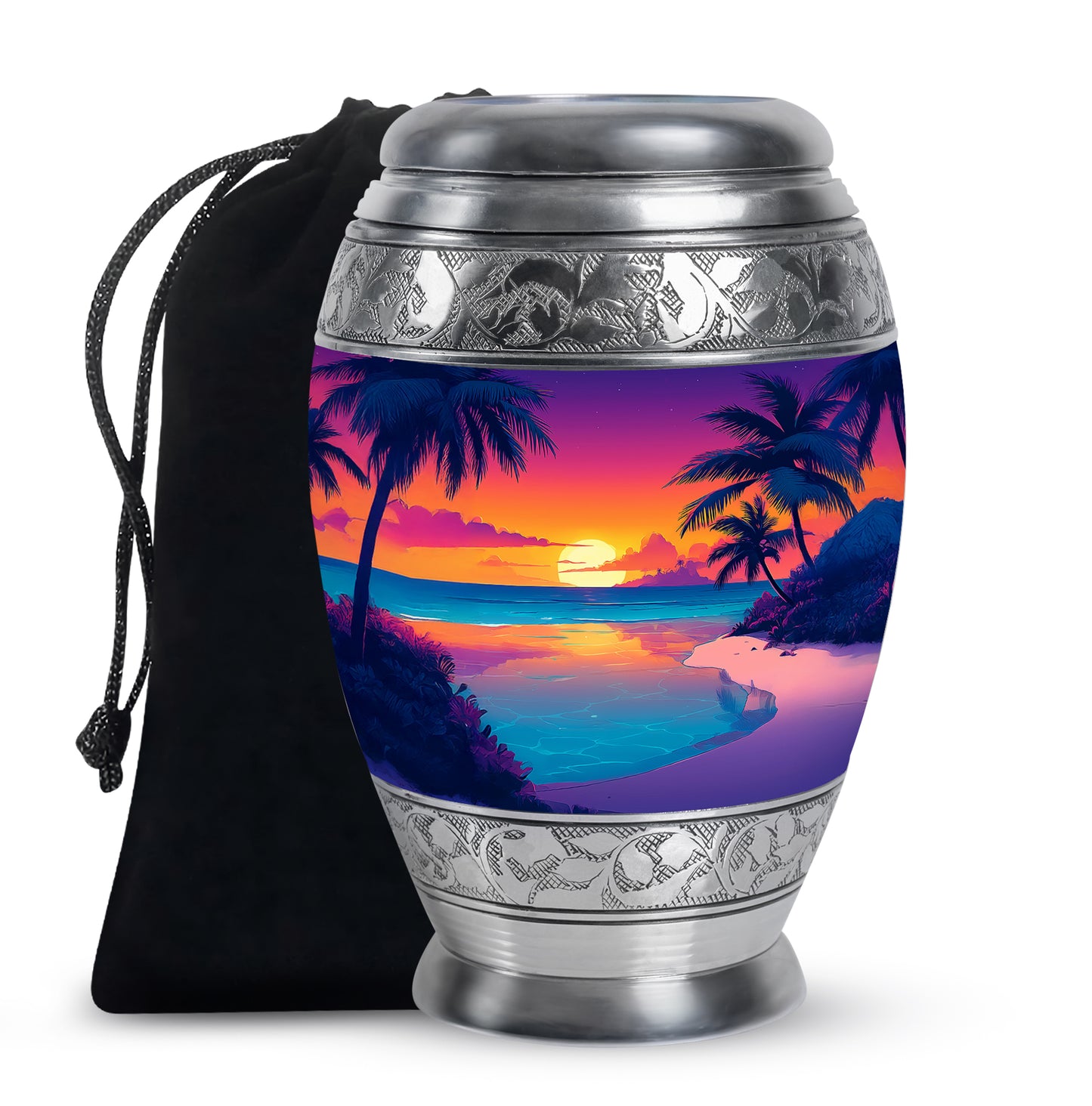 Grape Purple Beach Cremation Urn back view with polished surface - royal beach engraving with decorative scrollwork - full-size 10 inch 200 cubic inch adult cremation urn