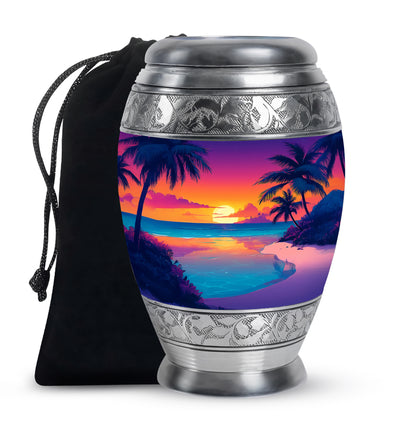 Grape Purple Beach Cremation Urn back view with polished surface - royal beach engraving with decorative scrollwork - full-size 10 inch 200 cubic inch adult cremation urn