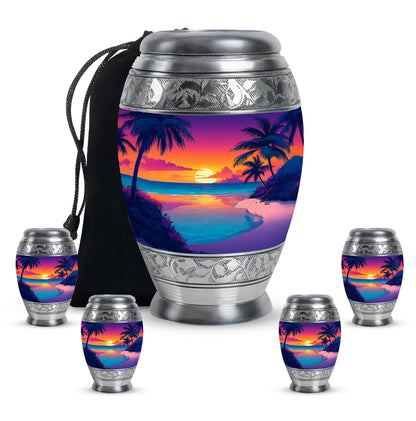 Royal Purple Beach Cremation Urn detail view - majestic beach pattern with filigree border - memorial set with one large and four small urns
