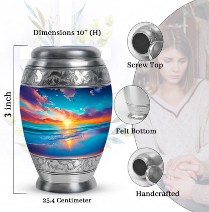 Royal Blue Beach Cremation Urn lifestyle display on memorial shelf - majestic beach pattern with filigree border - mini keepsake memorial for portion of cremation ashes