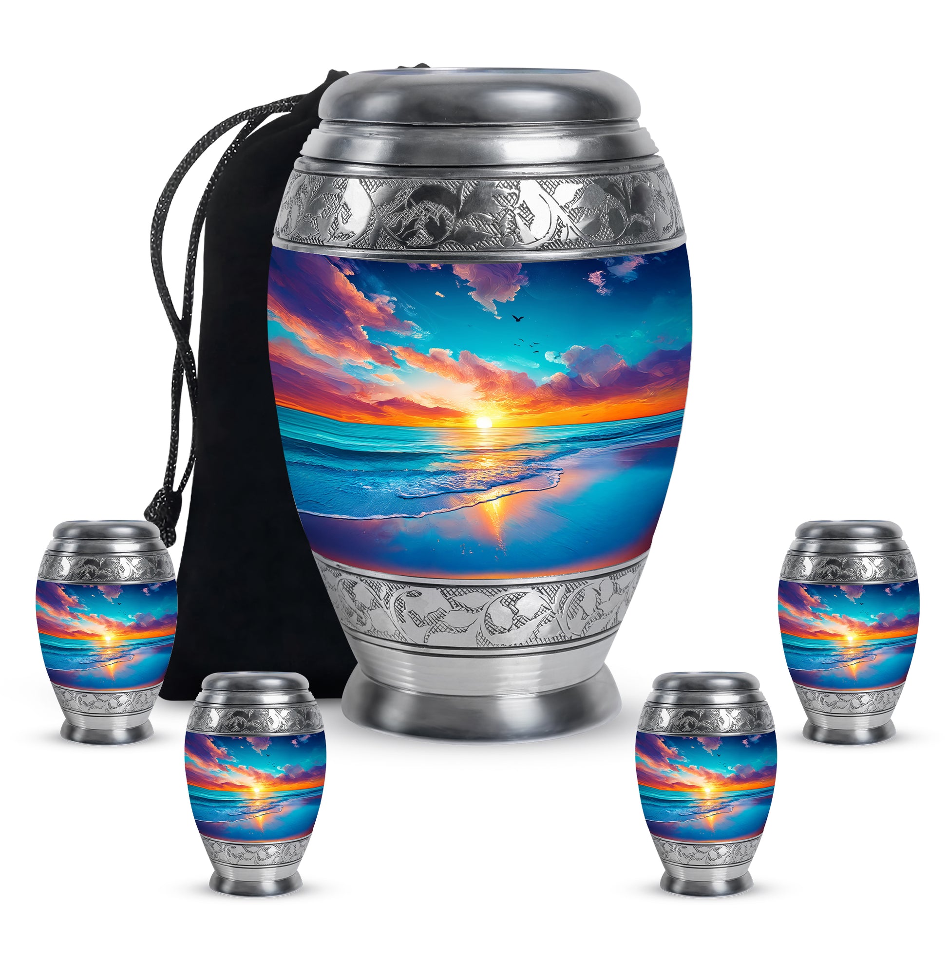 Cobalt Blue Beach Cremation Urn detail view - majestic beach pattern with filigree border - memorial set with one large and four small urns
