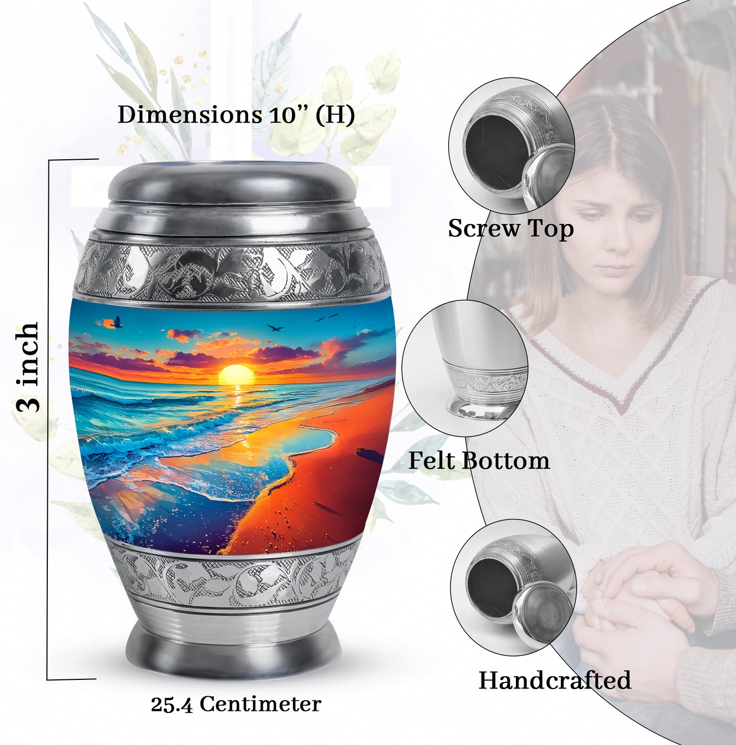 Soft Teal Beach Cremation Urn lifestyle display on memorial shelf - ornate monarch-style beach relief on brushed aluminum - mini keepsake memorial for portion of cremation ashes