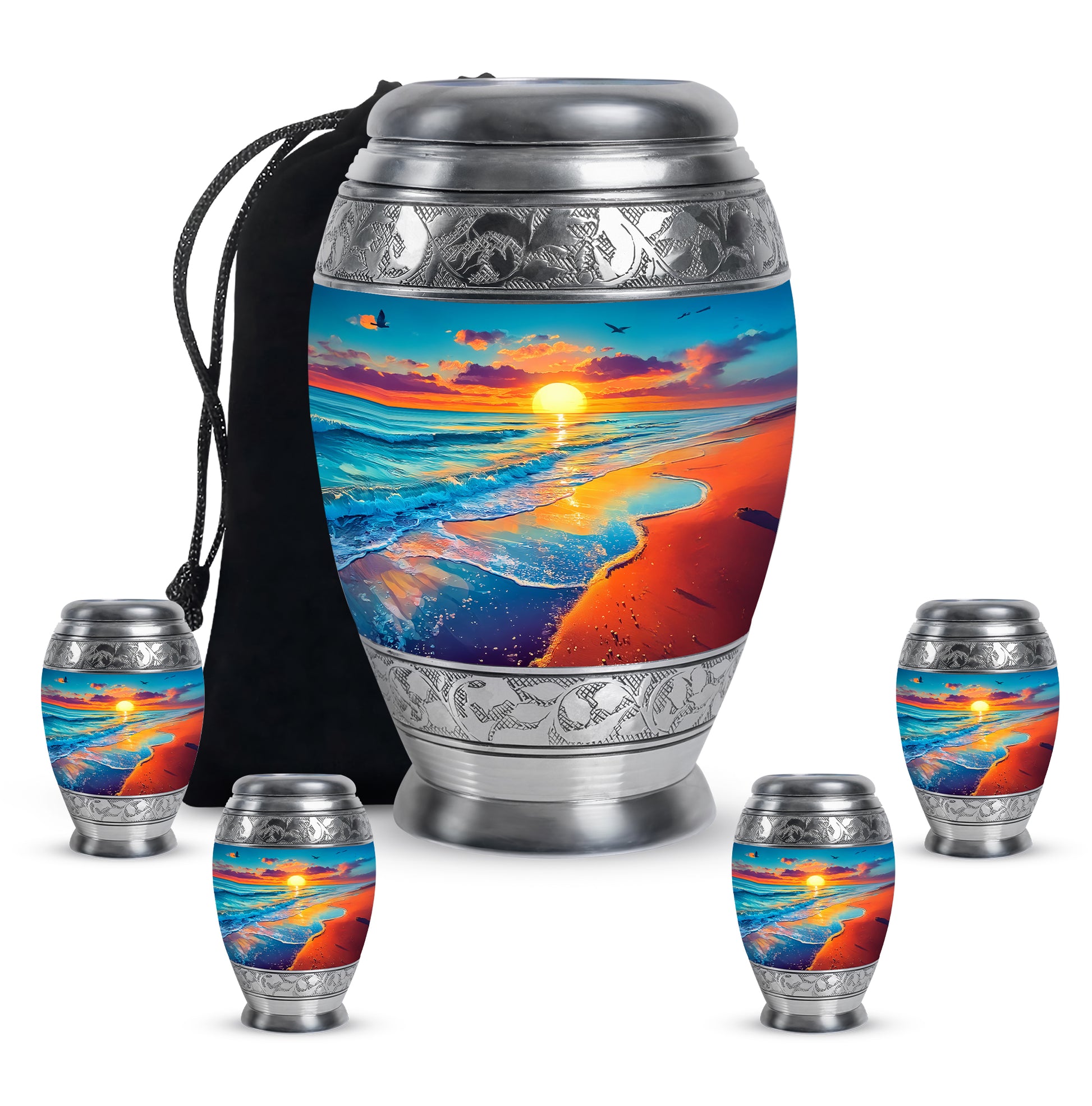 Deep Teal Beach Cremation Urn detail view - majestic beach pattern with filigree border - memorial set with one large and four small urns