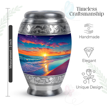 Cornflower Blue Beach Cremation Urn lifestyle display on memorial shelf - royal beach engraving with decorative scrollwork - mini keepsake memorial for portion of cremation ashes
