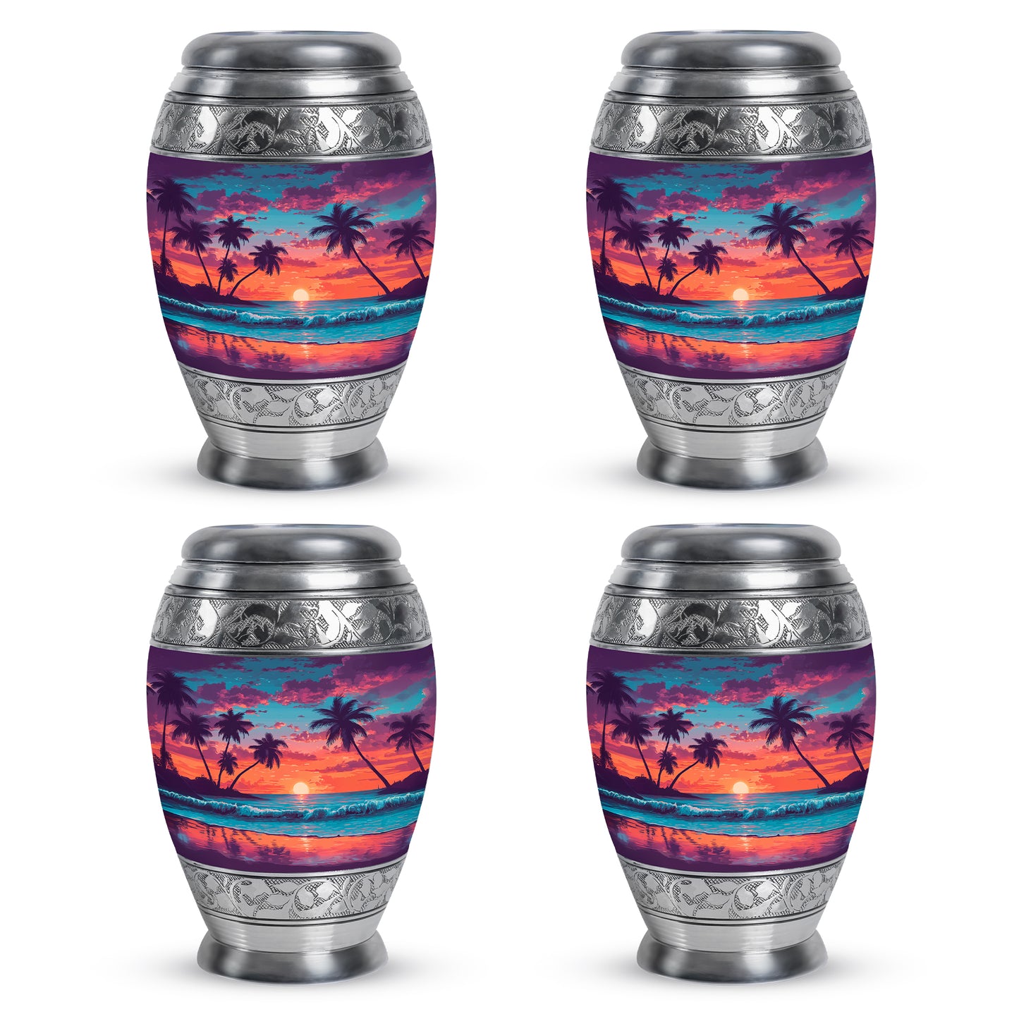 Royal Blue Beach Cremation Urn urn with complimentary velvet bag - majestic beach pattern with filigree border - 10 inch aluminum urn for cremated remains