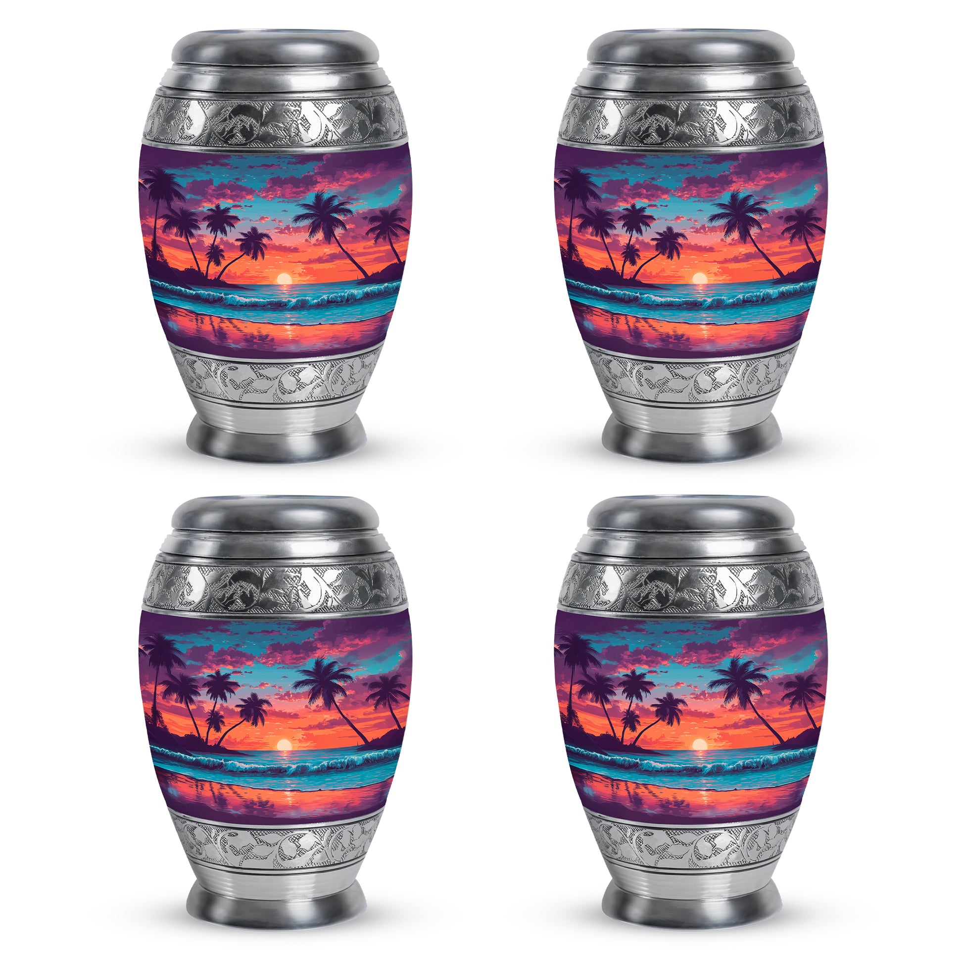 Royal Blue Beach Cremation Urn urn with complimentary velvet bag - majestic beach pattern with filigree border - 10 inch aluminum urn for cremated remains