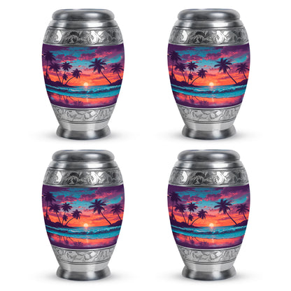 Royal Blue Beach Cremation Urn urn with complimentary velvet bag - majestic beach pattern with filigree border - 10 inch aluminum urn for cremated remains