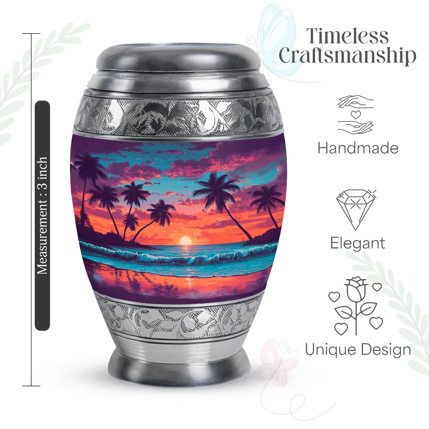 Royal Blue Beach Cremation Urn lifestyle display on memorial shelf - majestic beach pattern with filigree border - mini keepsake memorial for portion of cremation ashes