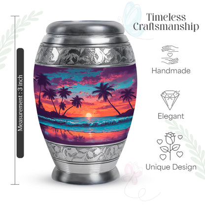 Royal Blue Beach Cremation Urn lifestyle display on memorial shelf - majestic beach pattern with filigree border - mini keepsake memorial for portion of cremation ashes